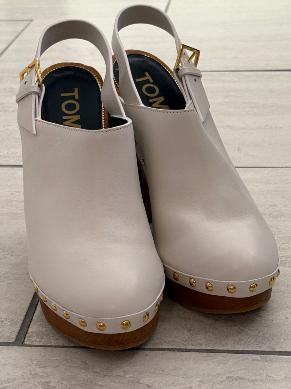 Tom Ford White Leather Platform Slingback Clogs | Gold Stud Trim | size 39.5 - Picture 2 of 13